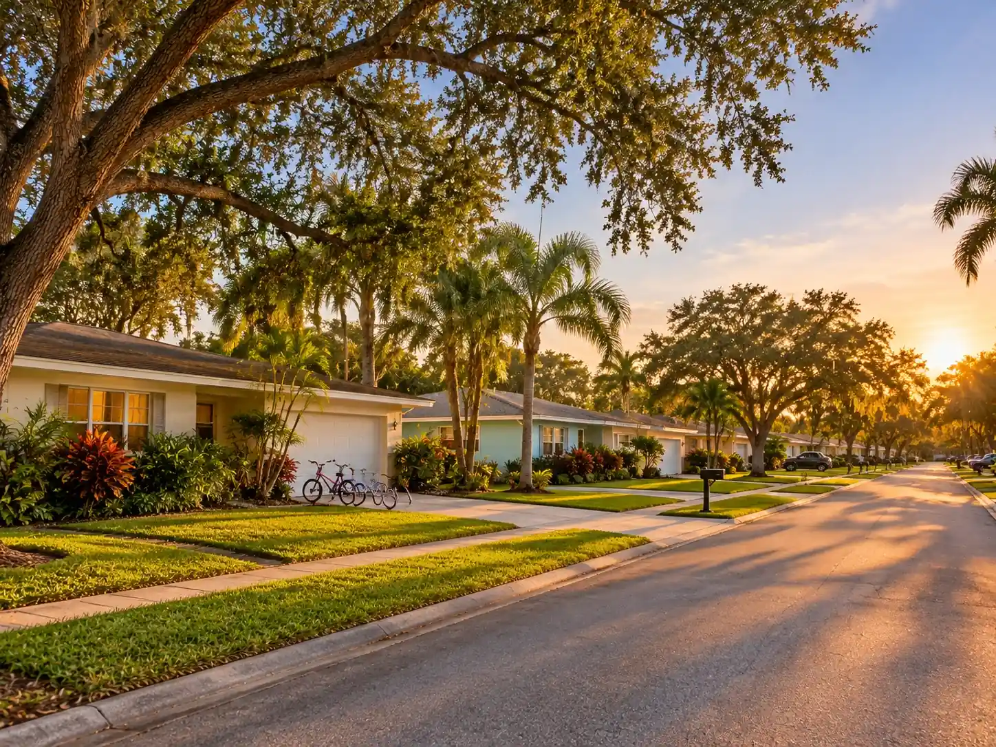 Family neighborhood street with ranch homes and oak trees in Sarasota Springs