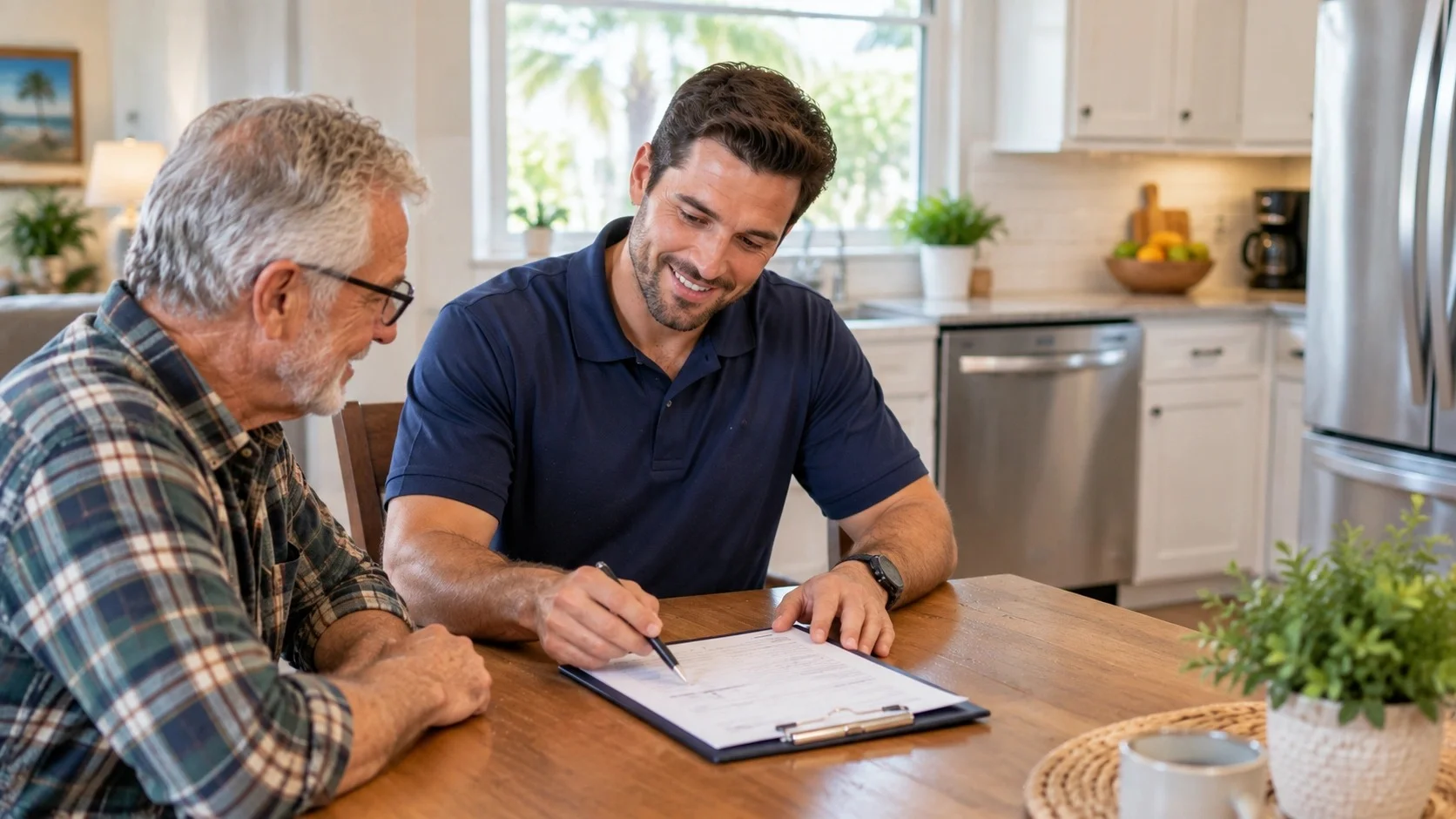 Technician kindly explaining a repair to a senior homeowner